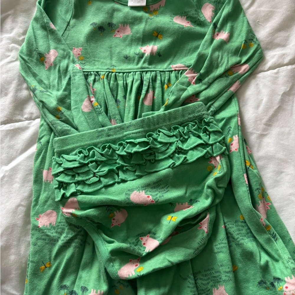 Hanna Andersson Girls Green Pig Print dress Ruffle-Back Bloomer Set size 90(3T)